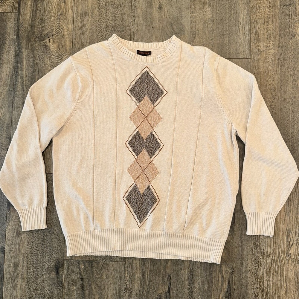 DOCKERS Men's Sweater‎ Size XL Tan Cotton  Diamond Preppy Fisherman Cardigan